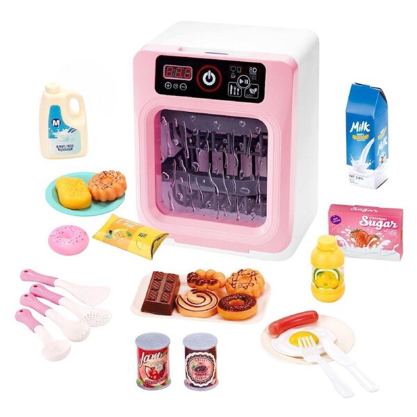 Kids Dishwasher Toy Pretend Play Kitchen Appliance Sensory Game Playset Mini Washer Cleaner Washing Dish Utensil Toys with Light Sound Timer