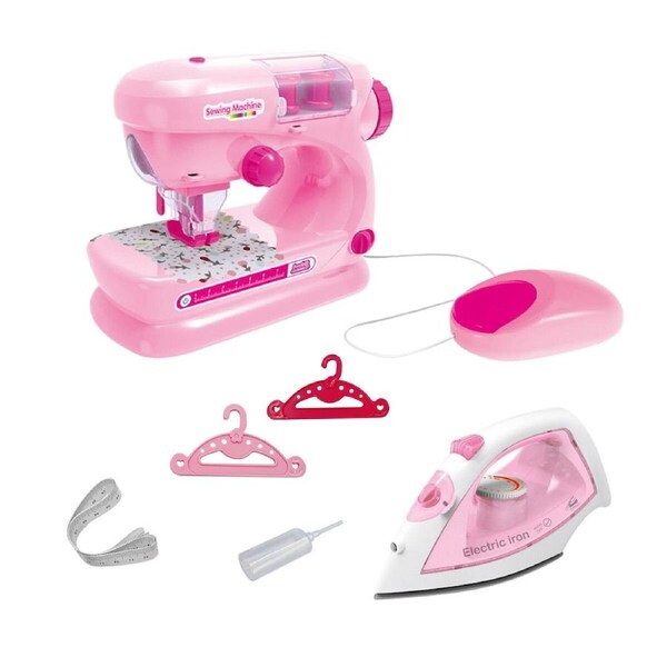 Kids Sewing Machine Electric Iron Toy Set Childrens Pretend Role Play House Game Sensory Stitch Home Clothes Steamer with Light Sound Spray Effect