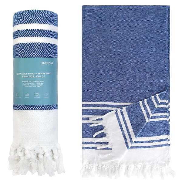 LINENOVA Sand Free Beach Towels 100% Cotton 100x180cm Turkish Style Towels - 4 Colors Navy