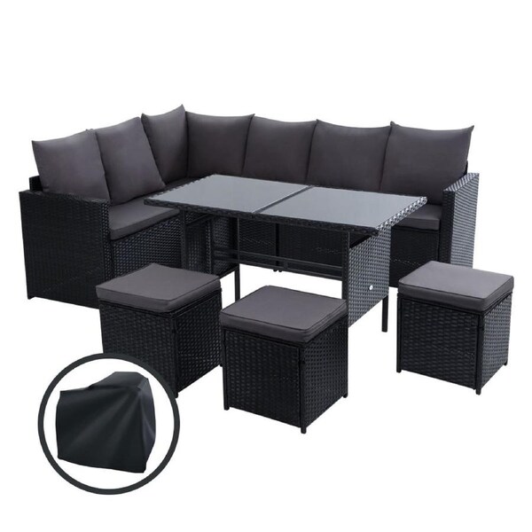 Gardeon 9-Seater Outdoor Dining Set Lounge Table & Chairs Black Black, Black Cover