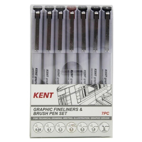 7pc Kent Graphic Fineliner & Brush Pen Set Technical Drawing/Graphic Design