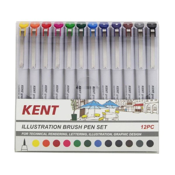12pc Kent Graphic Illustration Brush Pen Set Technical Drawing/Graphic Design