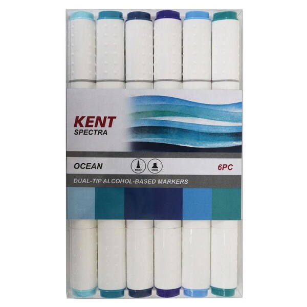 6pc Kent Spectra Graphic Markers Brush Chisel Nib Drawing/Design Ocean Set