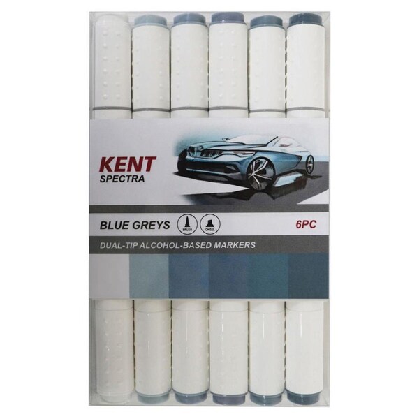 6pc Kent Spectra Graphic Markers Brush Chisel Nib Drawing/Design Blue Greys Set