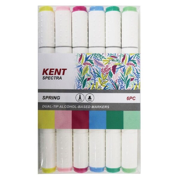 6pc Kent Spectra Graphic Markers Brush Chisel Nib Drawing/Design Spring Set