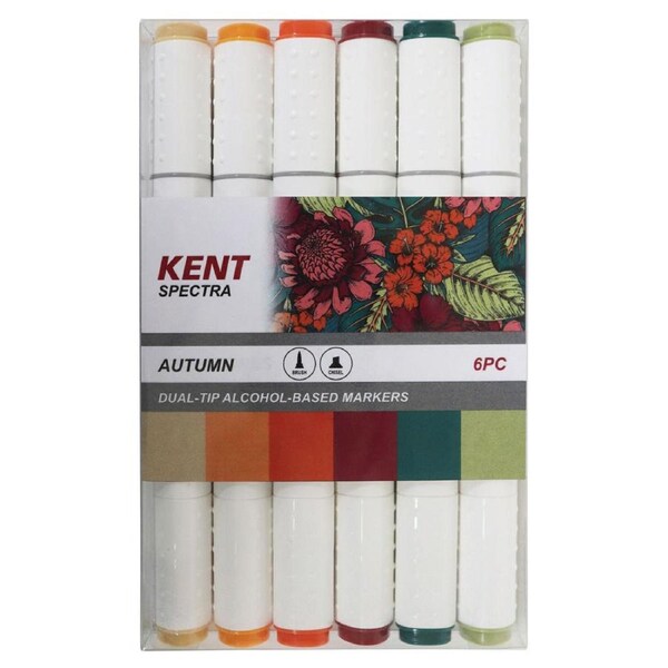 6pc Kent Spectra Graphic Markers Brush Chisel Nib Drawing/Design Autumn Set