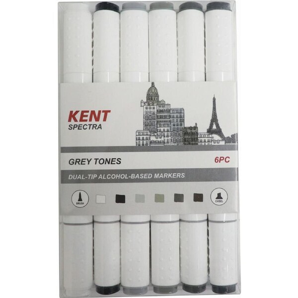 6pc Kent Spectra Graphic Markers Brush Chisel Nib Drawing/Design Grey Tones Set