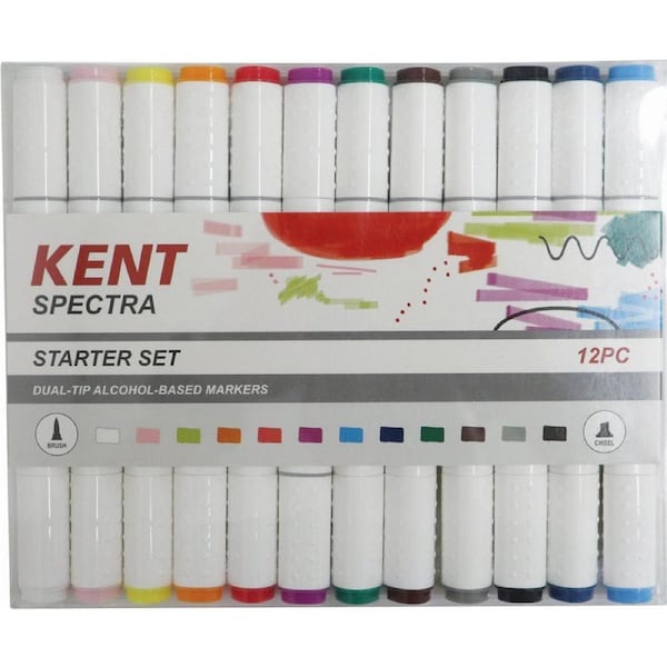 12pc Kent Spectra Graphic Markers Brush Chisel Nib Drawing/Design Starter Set
