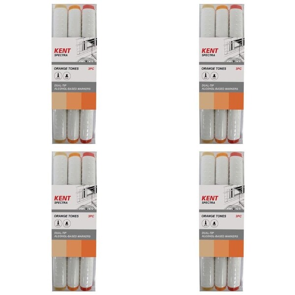 4x 3pc Kent Spectra Graphic Markers Brush Chisel Nib Drawing/Design Orange Set