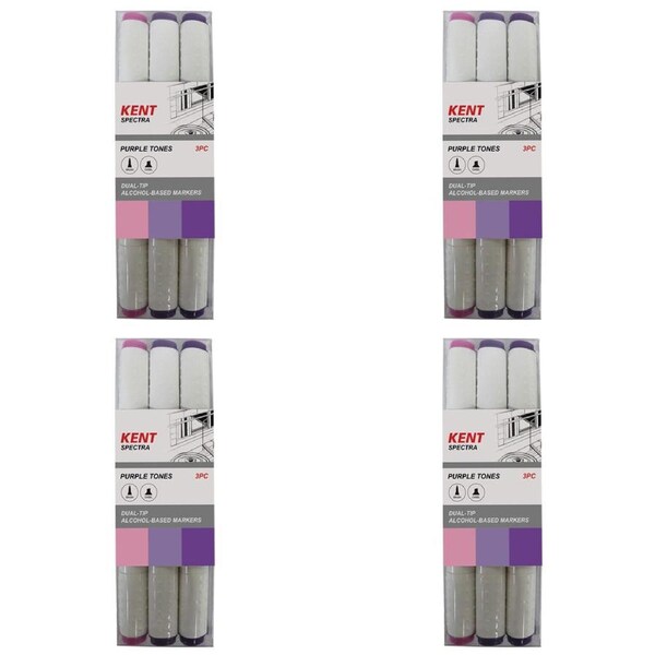 4x 3pc Kent Spectra Graphic Markers Brush Chisel Nib Drawing/Design Purple Set