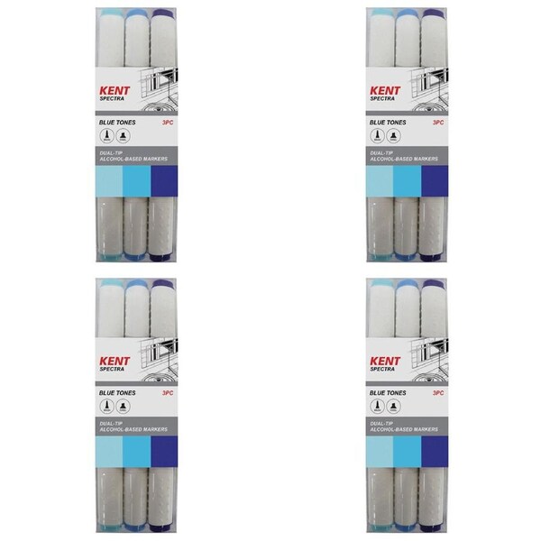 4x 3pc Kent Spectra Graphic Markers Brush Chisel Nib Drawing/Design Blue Set