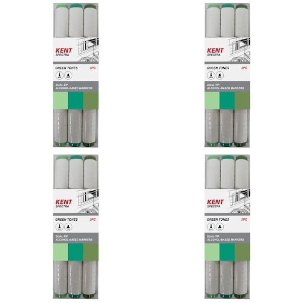 4x 3pc Kent Spectra Graphic Markers Brush Chisel Nib Drawing/Design Green Set