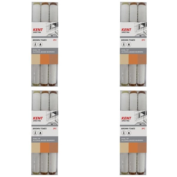 4x 3pc Kent Spectra Graphic Markers Brush Chisel Nib Drawing/Design Brown Set