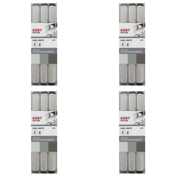 4x 3pc Kent Spectra Graphic Markers Brush Chisel Nib Drawing/Design Cool Gre