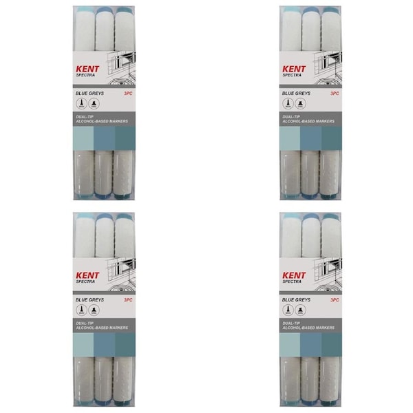 4x 3pc Kent Spectra Graphic Markers Brush Chisel Nib Drawing/Design Blue Grey