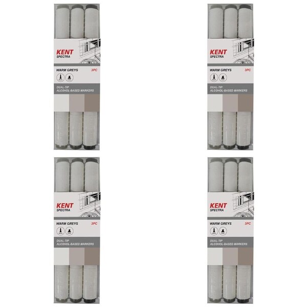 4x 3pc Kent Spectra Graphic Markers Brush Chisel Nib Drawing/Design Warm Grey