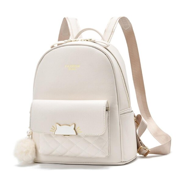 Nevenka Mini Backpack for Women Cute Leather Small Bookbag with Cat Shaped Lock-White S