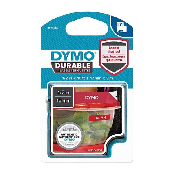 Dymo Durable Labels 12mm x 3M - White on Red