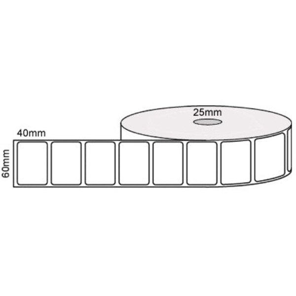 60mm x 40mm - White Gloss Thermal Transfer Labels, Permanent Adhesive, 25mm core, (1500/roll)