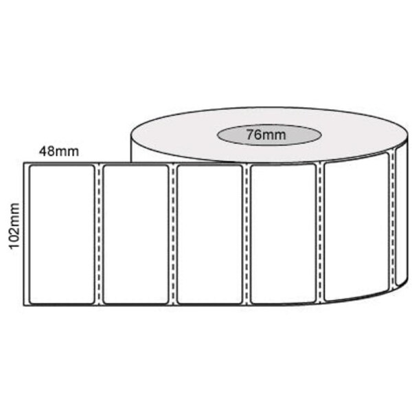 102mm x 48mm - White Thermal Transfer Perforated Poly Labels, Permanent Adhesive, 76mm core, 3000 LPR)