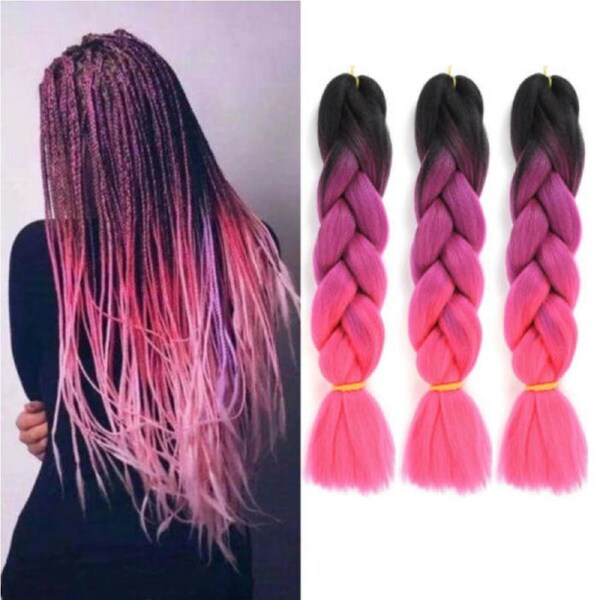62cm Synthetic Gradient Coloured Braiding Hair Extensions -Black&Hot Pink&Pink