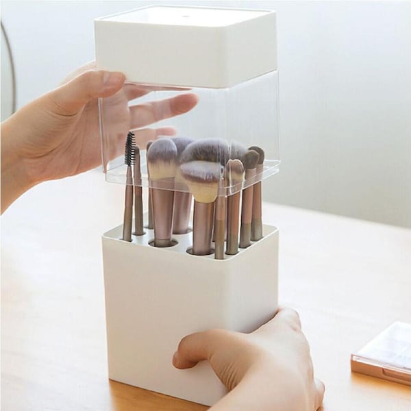 Plastic Makeup Brush Holder Lid Desktop Dustproof Organizer Storage Case