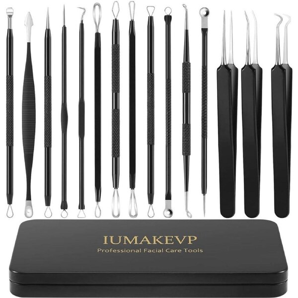 Pimple Popper Tool Kit, IUMAKEVP 15 PCS Professional Stainless Steel Blackhead Remover Comedone Extractor Tools for Removing Pimples, Blackheads, Zit on Face - Acne Removal Kit with Metal Case (Black)