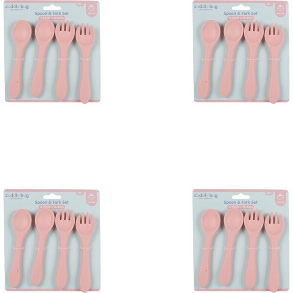 4x 4pc Cuddle Bug Baby Feeding Silicone Spoon Fork Set Pink/Blue 13.5cm Assorted