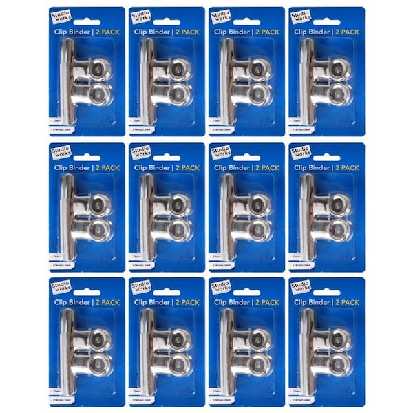 12x 2pc Studio Works Durable Document Clip Binder w/ Strong Grip Silver 7.5cm