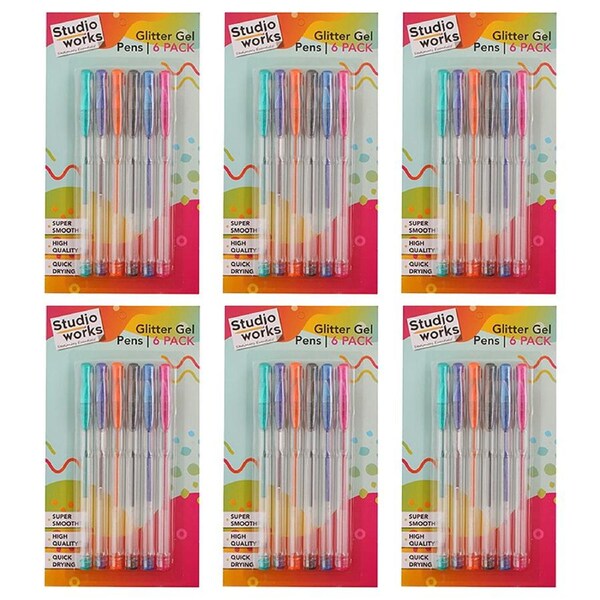 6x 6pc Studio Works Super Smooth Quick Dry Glitter Gel Pens Assorted 21x11.6cm