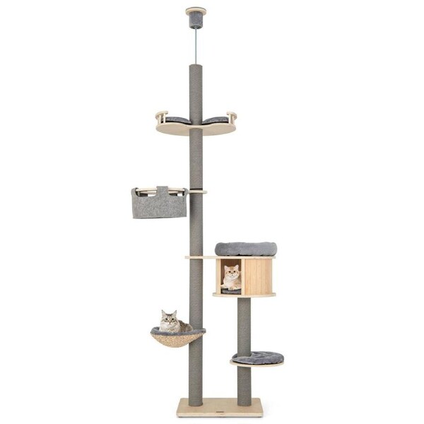 Costway 5-Tier Tall Wooden Cat Tower Indoor Cat Climbing Furniture w/ Scratching Posts & Hammock Natural