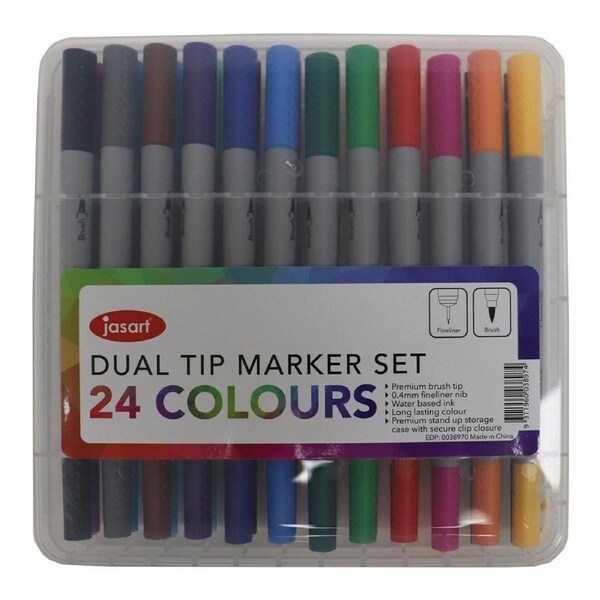 24pc Jasart Dual Nib Brush Fineliner Set Water-Based Ink Art Colouring Markers