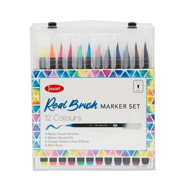 12pc Jasart Water-Based Real Brush Marker Set Drawing School Stationery w/ Case