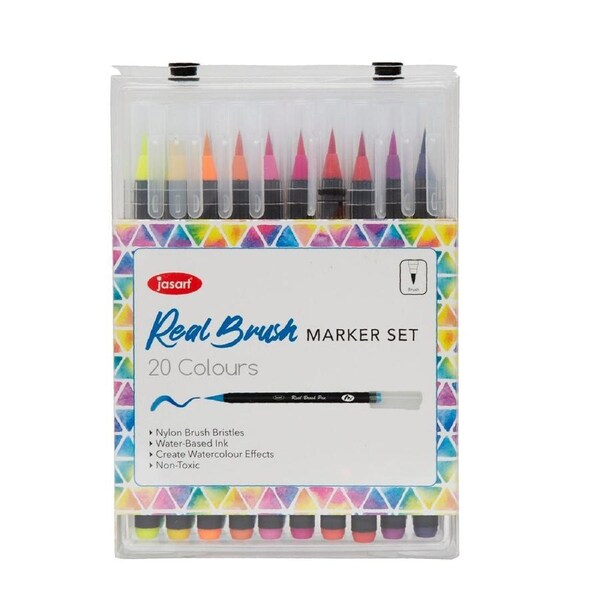 20pc Jasart Water-Based Real Brush Marker Set Drawing School Stationery w/ Case