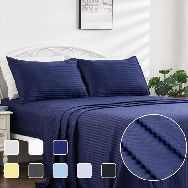 LINENOVA 1800TC Ultra Soft Comfort Sheet Sets Striped Bed Sheets 8 Colors Navy / Single