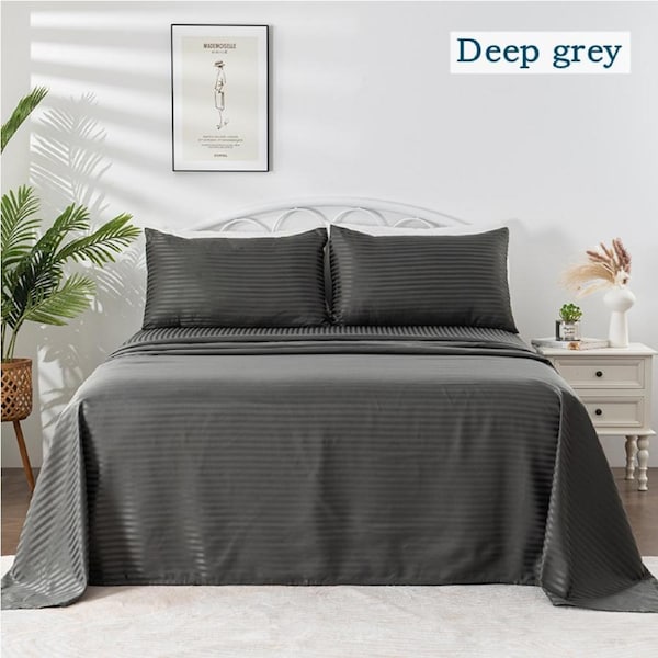LINENOVA 1800TC Ultra Soft Comfort Sheet Sets Striped Bed Sheets 8 Colors Deep Grey / King Single