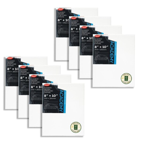 8x Jasart Academy 8x10" Thin Edge Cotton Stretched Painting Canvas 280GSM White