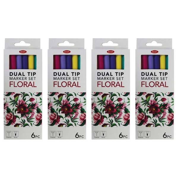4x 6pc Jasart Dual Nib Brush Fineliner 0.4mm Pen/Marker Art Drawing Set Floral
