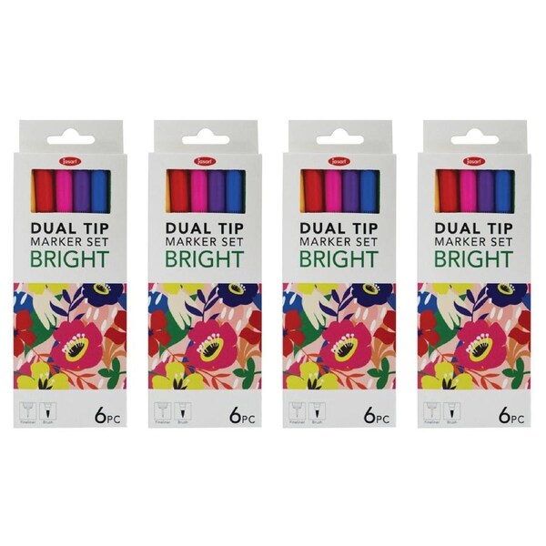4x 6pc Jasart Dual Nib Brush Fineliner 0.4mm Pen/Marker Art Drawing Set Bright