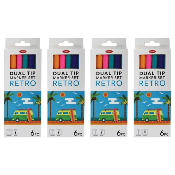 4x 6pc Jasart Dual Nib Tip Brush Fineliner 0.4mm Marker Art Drawing Set Retro