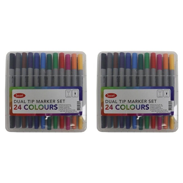 2x 24pc Jasart Dual Nib Brush Fineliner Set Waterbased Ink Art Colouring Markers