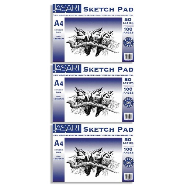 3x Jasart A4 Sketch Pad 100-Pgs Rect Drawing/Painting Cartridge Paper Acid Free