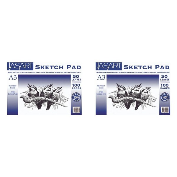 2x Jasart A3 Sketch Pad 100-Pgs Rect Drawing/Painting Cartridge Paper Acid Free