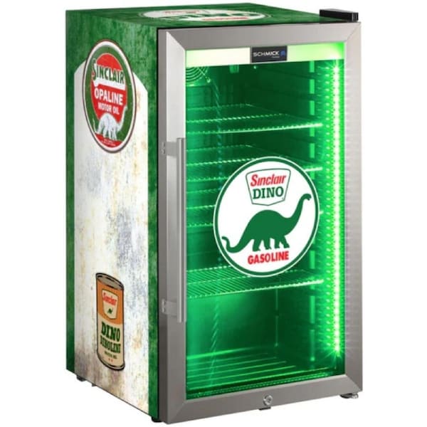 Dino Vintage Fuel Pump Branded Triple Glazed Alfresco 98 Litre Bar Fridge With LED Strip Lights