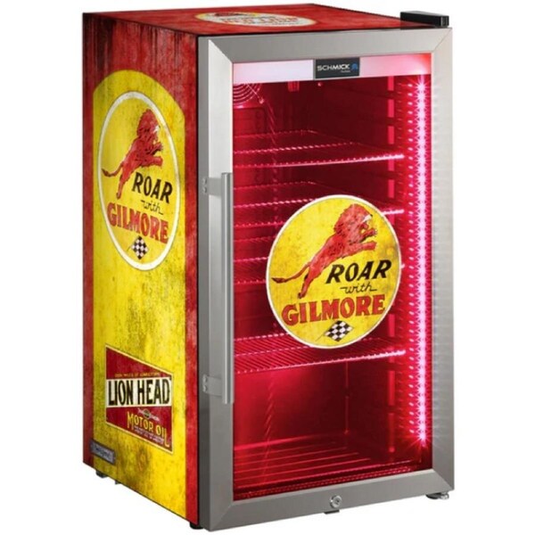 Gilmore Vintage Fuel Pump Branded Triple Glazed Alfresco 98 Litre Bar Fridge With LED Strip Lights