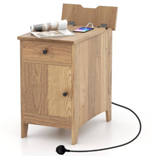 Costway End Table Side Table Narrow Nightstand Bedside Table w/USB Ports & Outlets Natural
