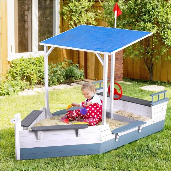 210x111x162cm Keezi Kids Sandpit Wooden Box Boat Canopy Flag Outdoor Toys Children Blue
