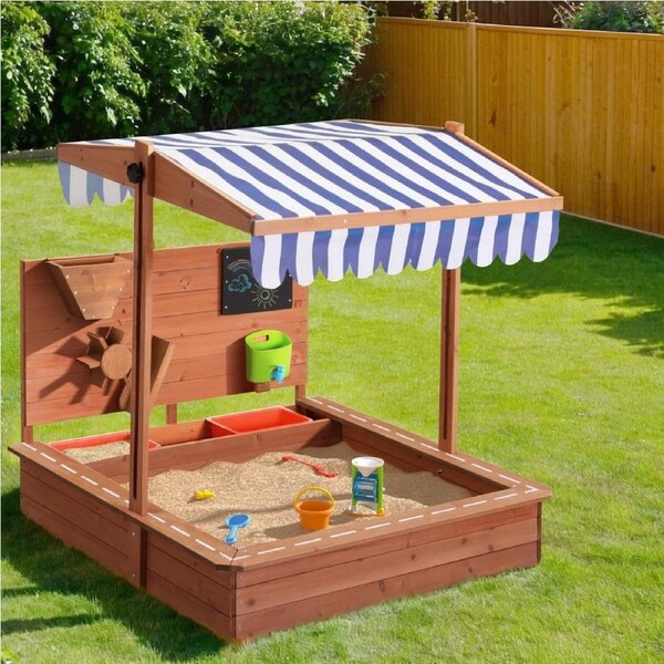 110x110x112cm Keezi Kids Sandpit Wooden Canopy Sandbox With Cover Funnel Outdoor Toys