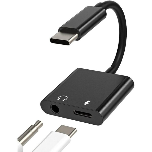 (2in1) USB C AUX Jack Splitter Audio Charger Adapter For iPhone 15 Pro Max Xiaomi Samsung Type C To 3.5mm Adapter Earphones Jack Cable - Black
