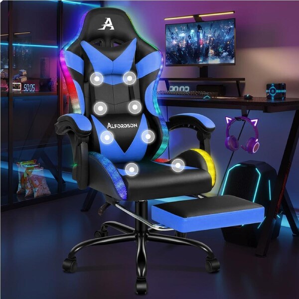 ALFORDSON Gaming Chair Office Massage 12 RGB LED Computer Seat PU Leather Blue